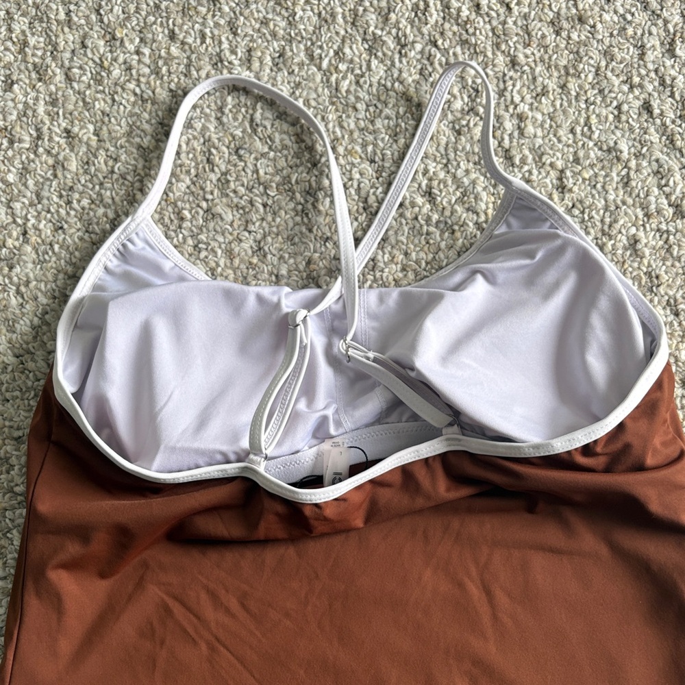 Women's Rust Brown One-Piece Swim Dress with White Trim - Picture 4 of 6